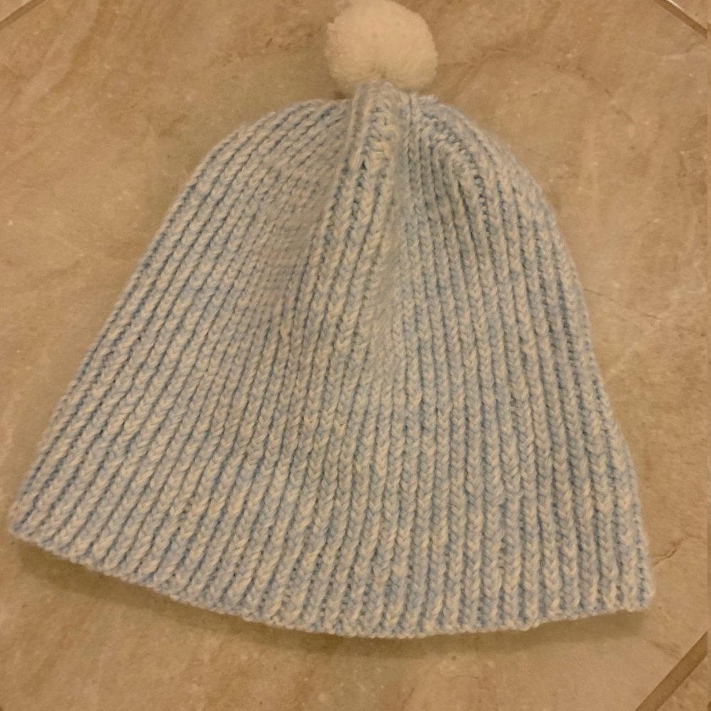 🧶Hand-Knitted🧶Light Blue Beanie with white Pompom - Adult size